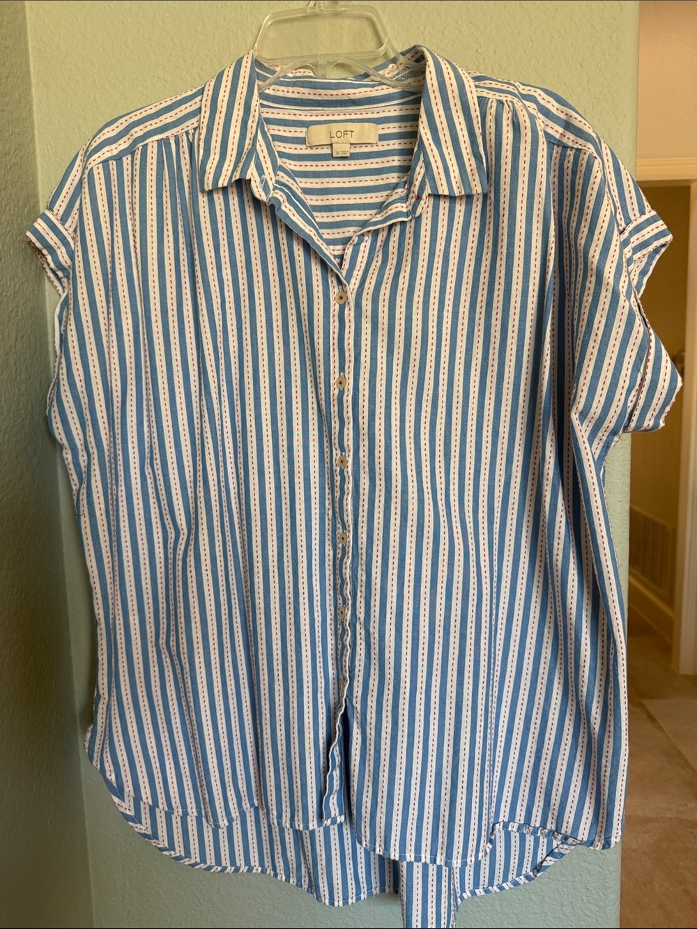 LOFT Blue and White Vertical Stripe Button-Front Shirt